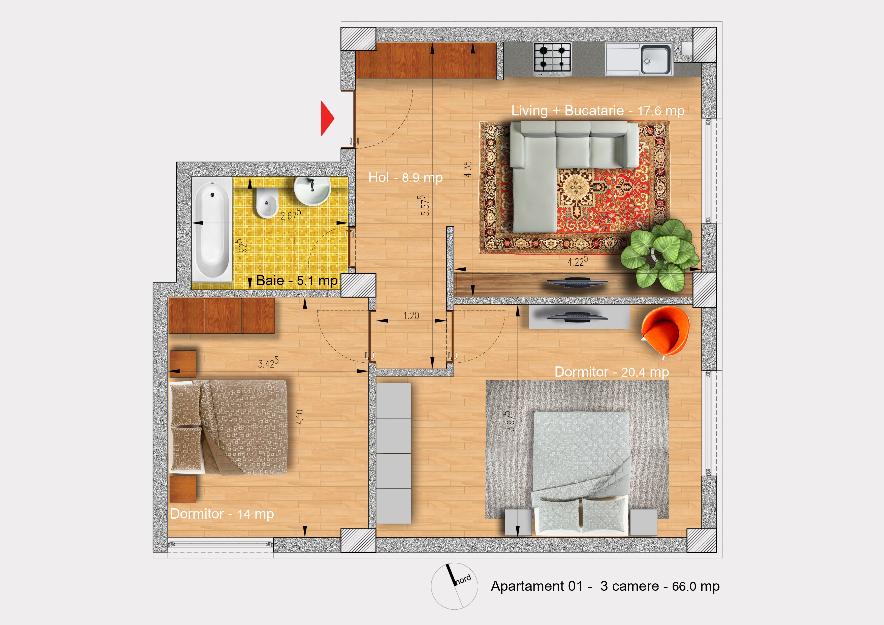 Apartament 3 camere Drumul Fermei,66 MP - Pret | Preturi Apartament 3 camere Drumul Fermei,66 MP