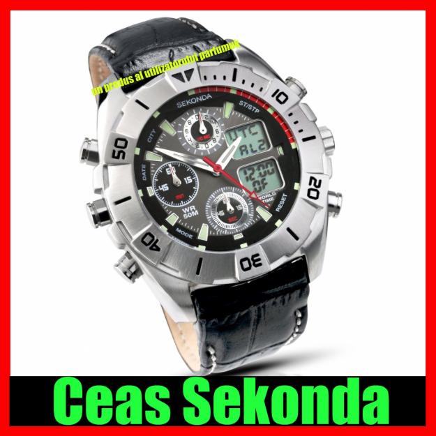 SEKONDA CEAS DE MANA BARBAT, 2 AFISAJE, CRONOGRAF, ALARMA, DATA, BRATARA PIELE, WORLD TIME - Pret | Preturi SEKONDA CEAS DE MANA BARBAT, 2 AFISAJE, CRONOGRAF, ALARMA, DATA, BRATARA PIELE, WORLD TIME