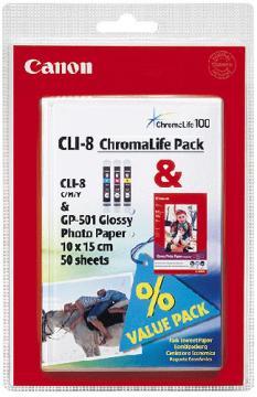 Set cartuse color CLI-8 Cromalife Pack, C/M/Y + Paper 50 sh, blister, 0621B030, Canon - Pret | Preturi Set cartuse color CLI-8 Cromalife Pack, C/M/Y + Paper 50 sh, blister, 0621B030, Canon