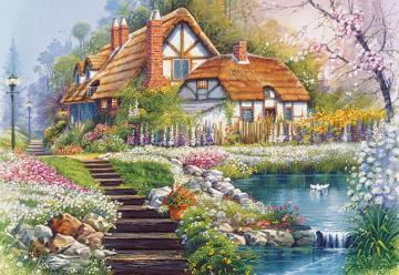 Puzzle Castorland 3000 Andres Orpinas : Cottage with Swans - Pret | Preturi Puzzle Castorland 3000 Andres Orpinas : Cottage with Swans